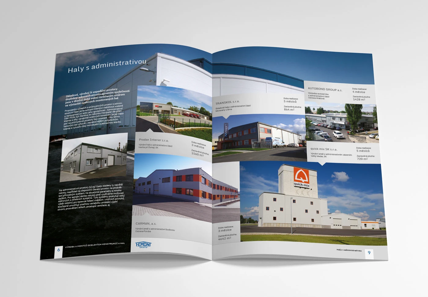 FEMONT Opava - katalog, dvoustrana Haly s administrativou