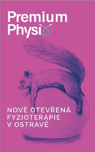 Premium Physio - banner k otevření, ilustrace veverky