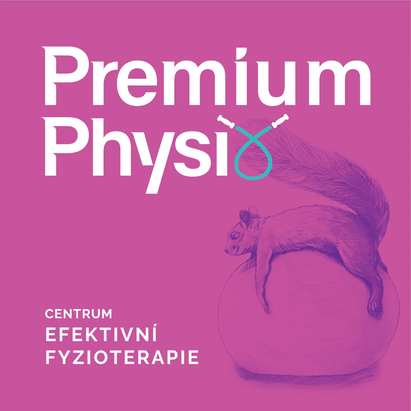 Premium Physio - logo s ilustrací veverky na gymnastickém míči