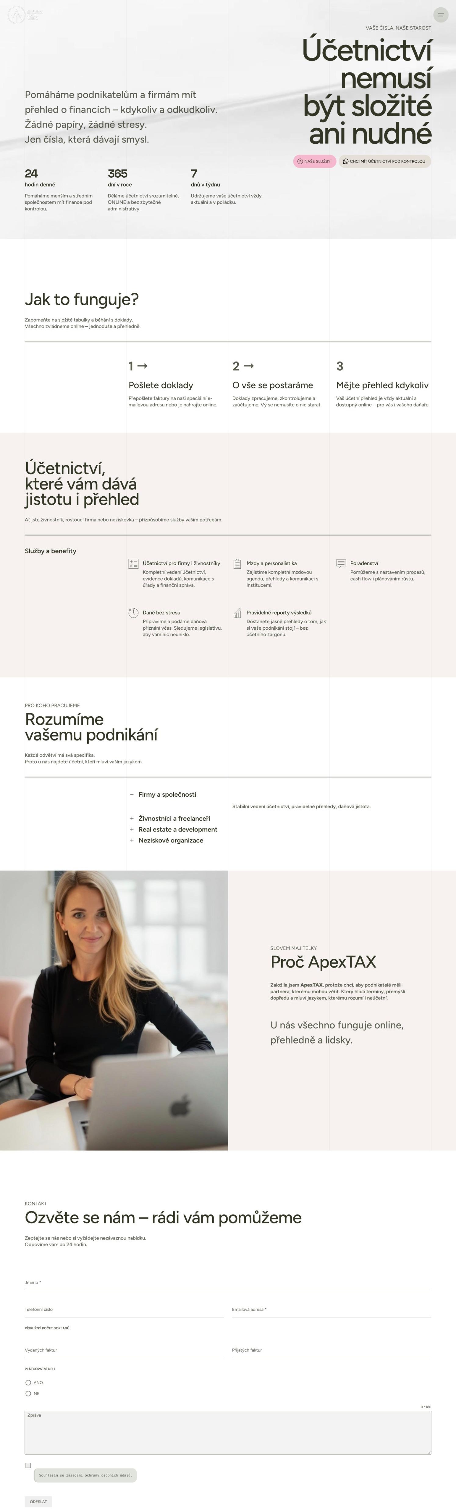 Celá úvodní stránka webu apextax.cz
